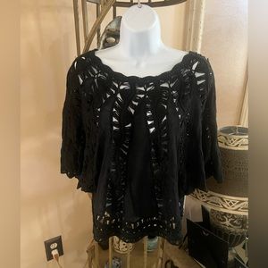 IT GIRL Vintage Bohemian Black Lace Crochet Blouse Bat Wing Sleeve Top S